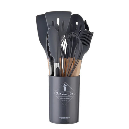 ChefEase – 12-Piece Silicone Kitchen Utensil Set with Wooden Handles