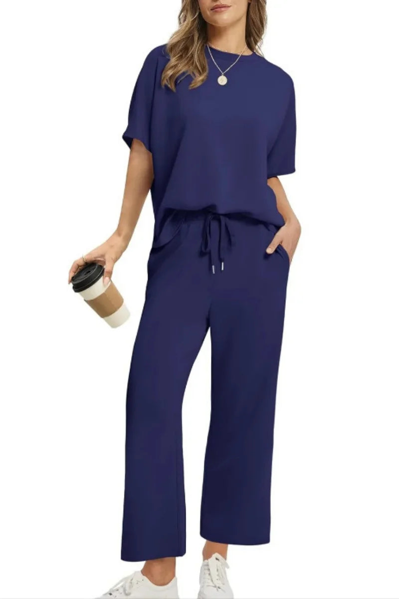 Damespak met korte mouwen, casual zeven-achths-broek, broek met wijde pijpen, 2025, nieuwe zomer dames