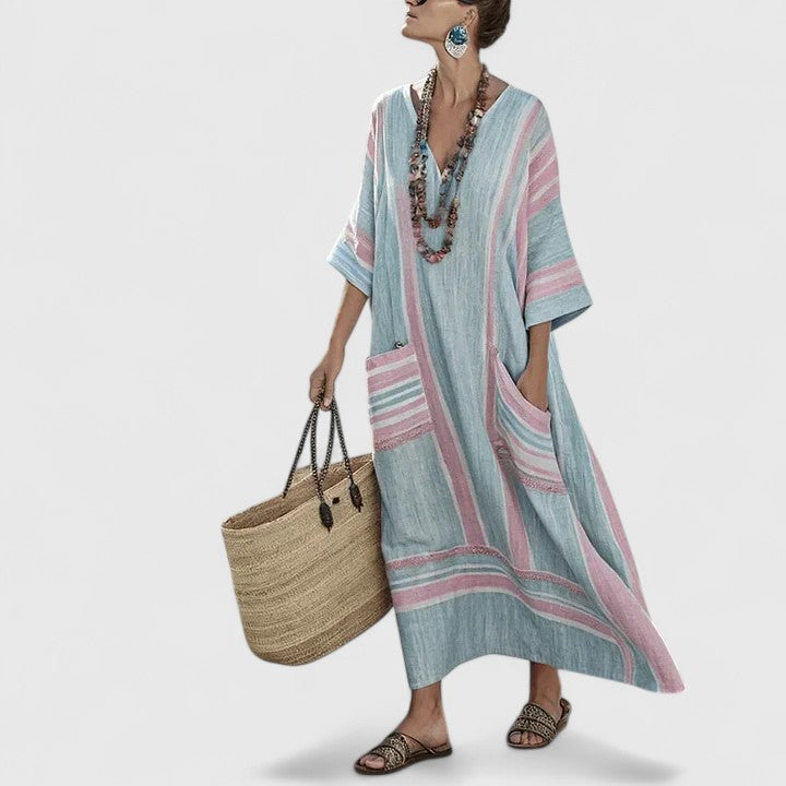 Women's V-Neck Striped Linen Maxi Dress with Pockets