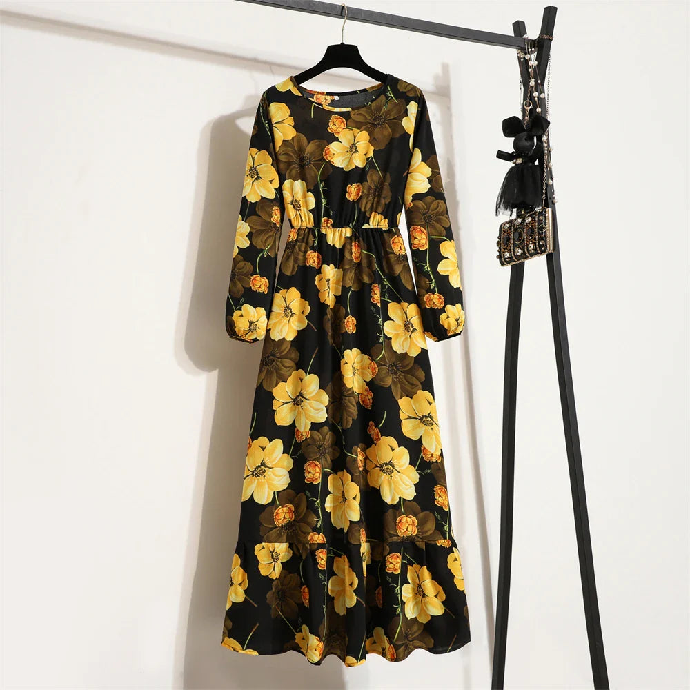 Spring Summer Women Maxi Dresses Casual Full Sleeve Floral Printed O-neck Woman Bohe Beach Party Long Dress Mujer Vestidos