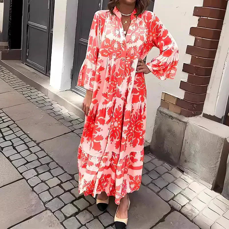 Faith | Women's Boho Printed Long Sleeve Midi Dress