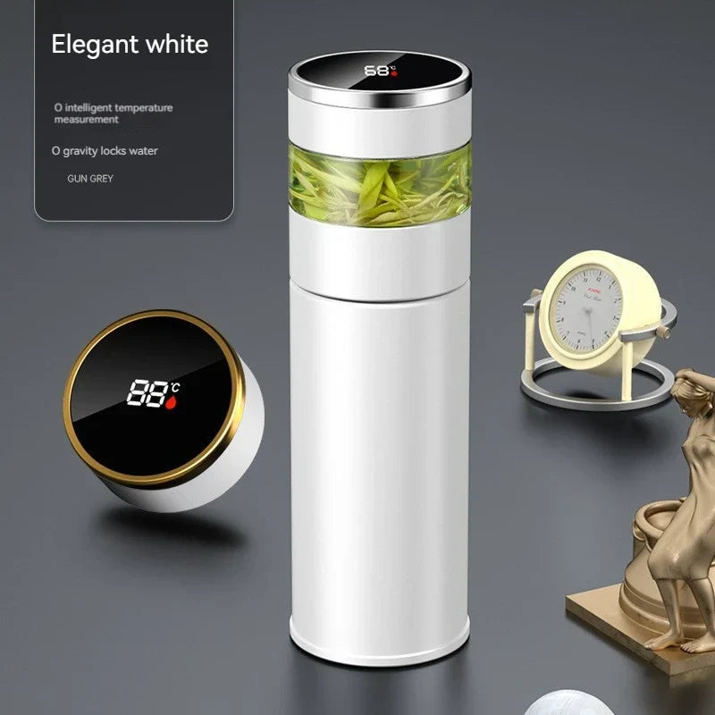 ThermoBrew | Isolerende fles met LED-temperatuurindicator & theefilter | 450 ml | Roestvrij staal 304 | Zwart