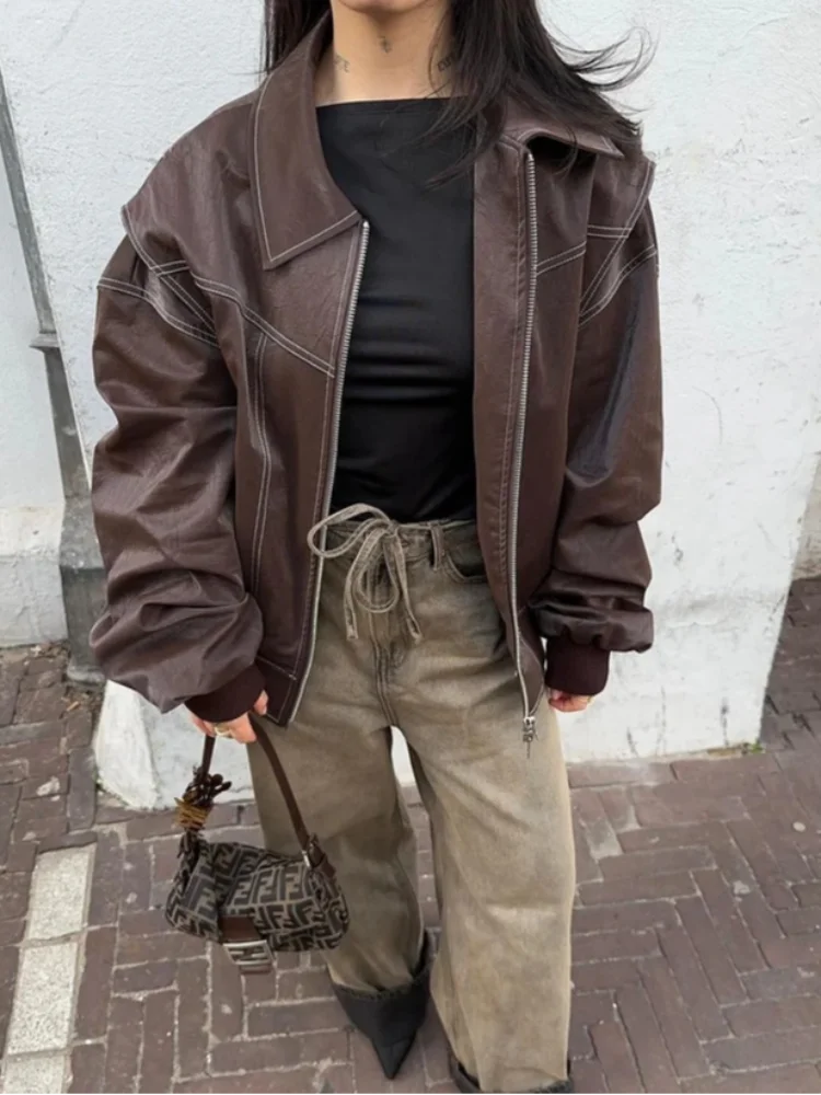 Samantha | Women oversized Leather Bomber Zip jacket