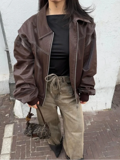 Samantha | Women oversized Leather Bomber Zip jacket