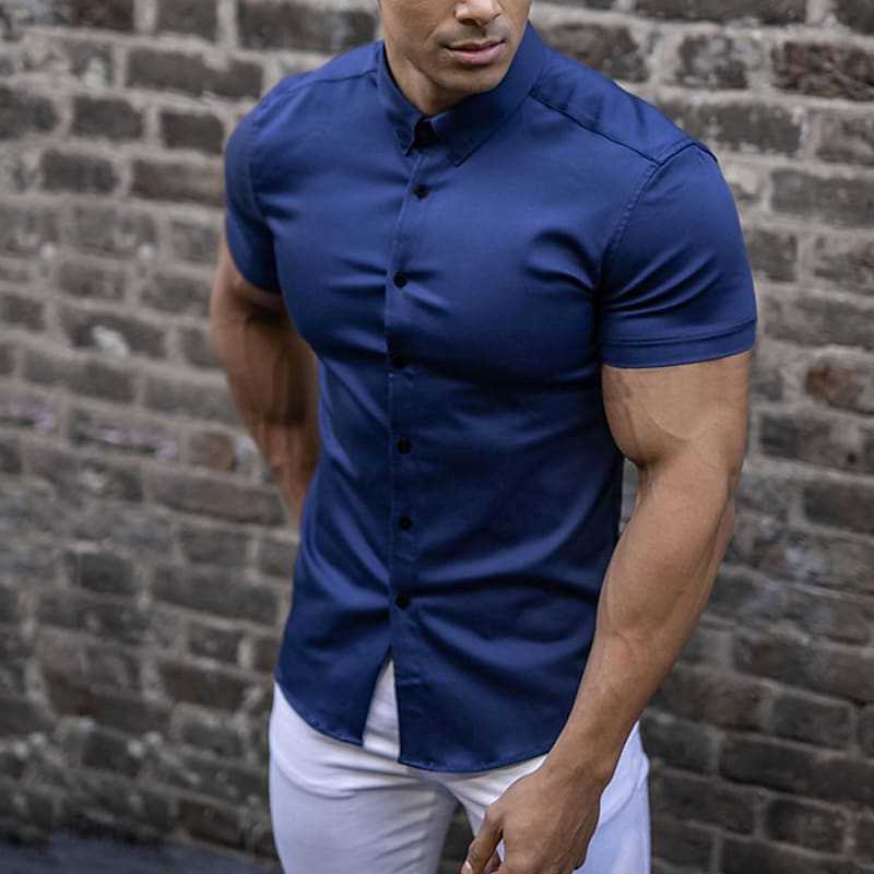 Sharp Men’s Slim Fit Button Up Shirt With Short Sleeve Point Collar
