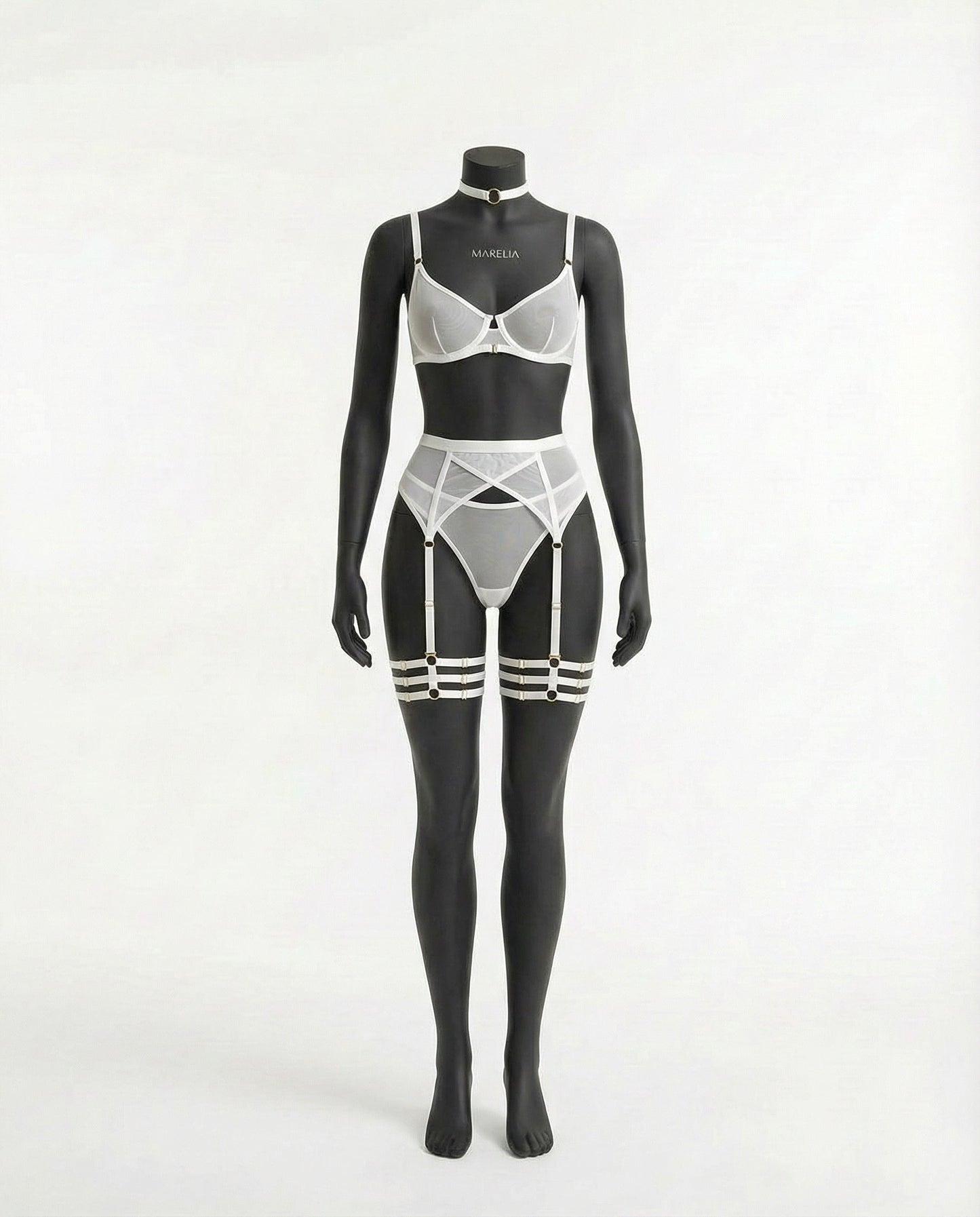 White Sheer Mesh Bra Brief And Suspender Set - Marelia