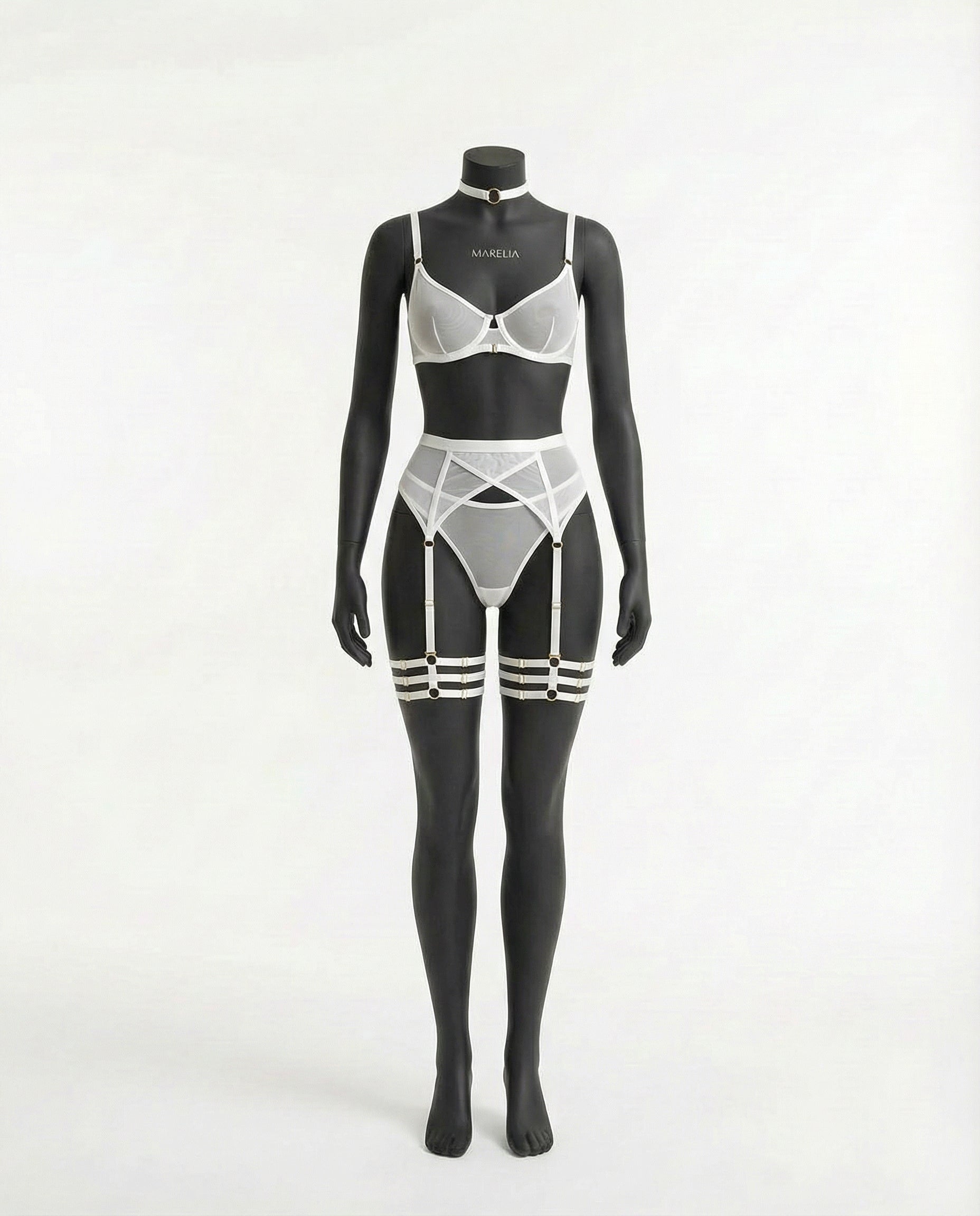 White Sheer Mesh Bra Brief And Suspender Set - Marelia
