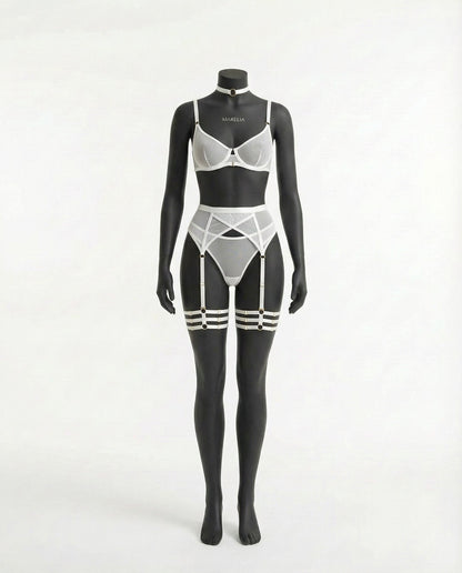 White Sheer Mesh Bra Brief And Suspender Set - Marelia