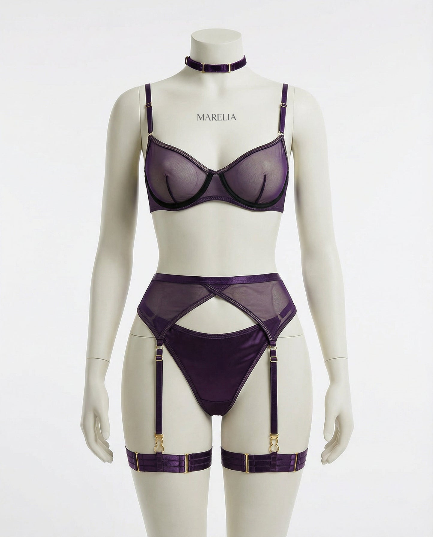 Sheer Mesh Bra Brief And Suspender Set - Marelia