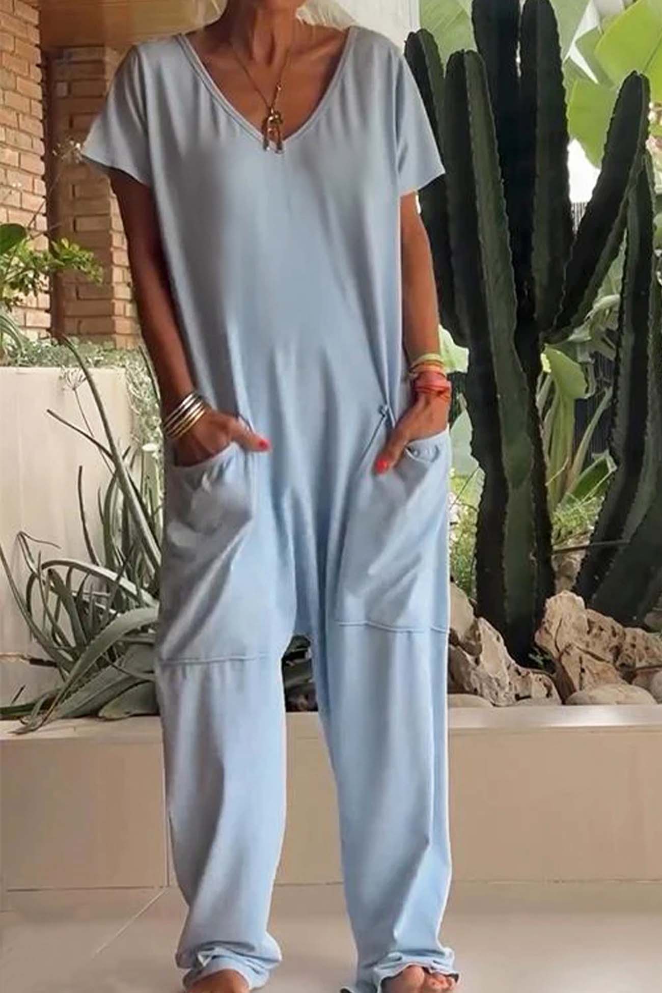 Women's V-Neck Short Sleeve Loose Jumpsuit with Pockets