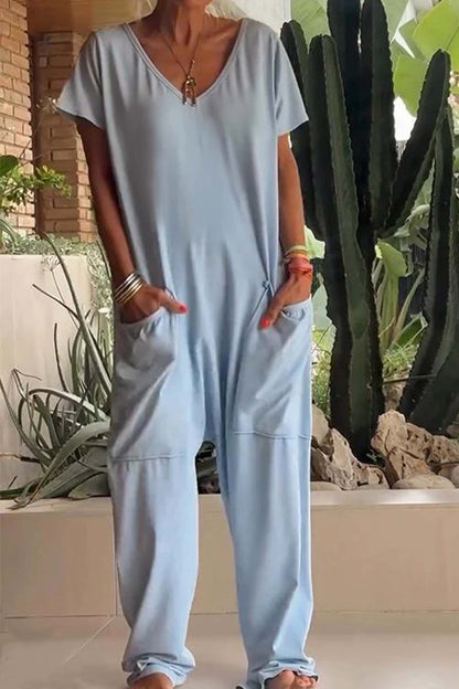 Women's V-Neck Short Sleeve Loose Jumpsuit with Pockets