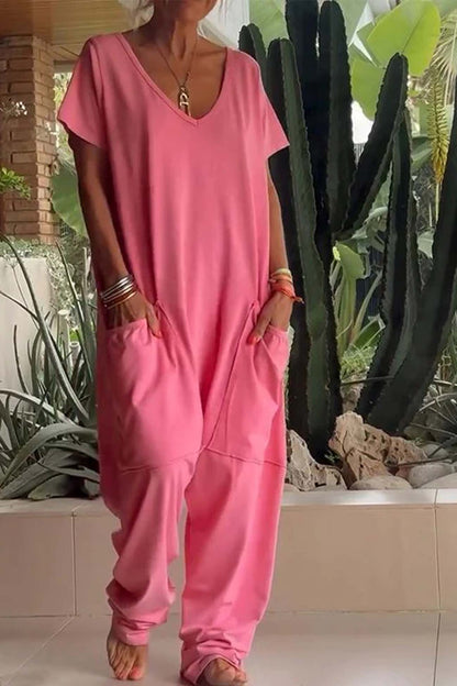Breezy | Women's V-Neck Short Sleeve Loose Jumpsuit with Pockets
