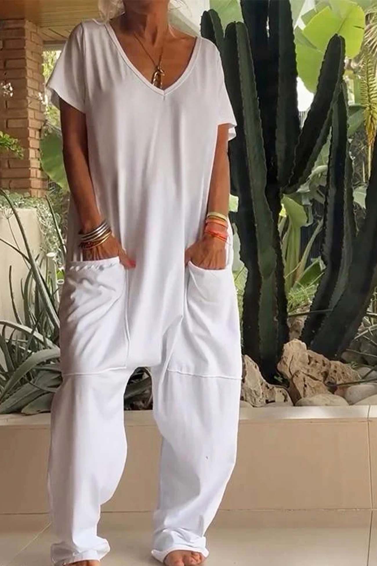 Women's V-Neck Short Sleeve Loose Jumpsuit with Pockets
