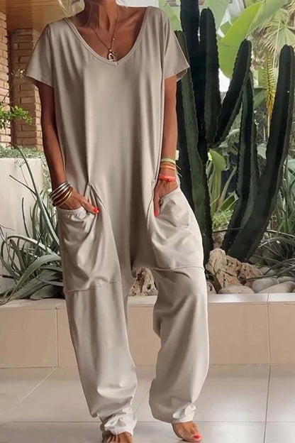 Women's V-Neck Short Sleeve Loose Jumpsuit with Pockets