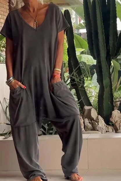 Women's V-Neck Short Sleeve Loose Jumpsuit with Pockets