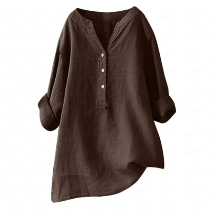 Sienna | Women Linen Shirt Oversized Split Neck Button Placket Long Sleeve