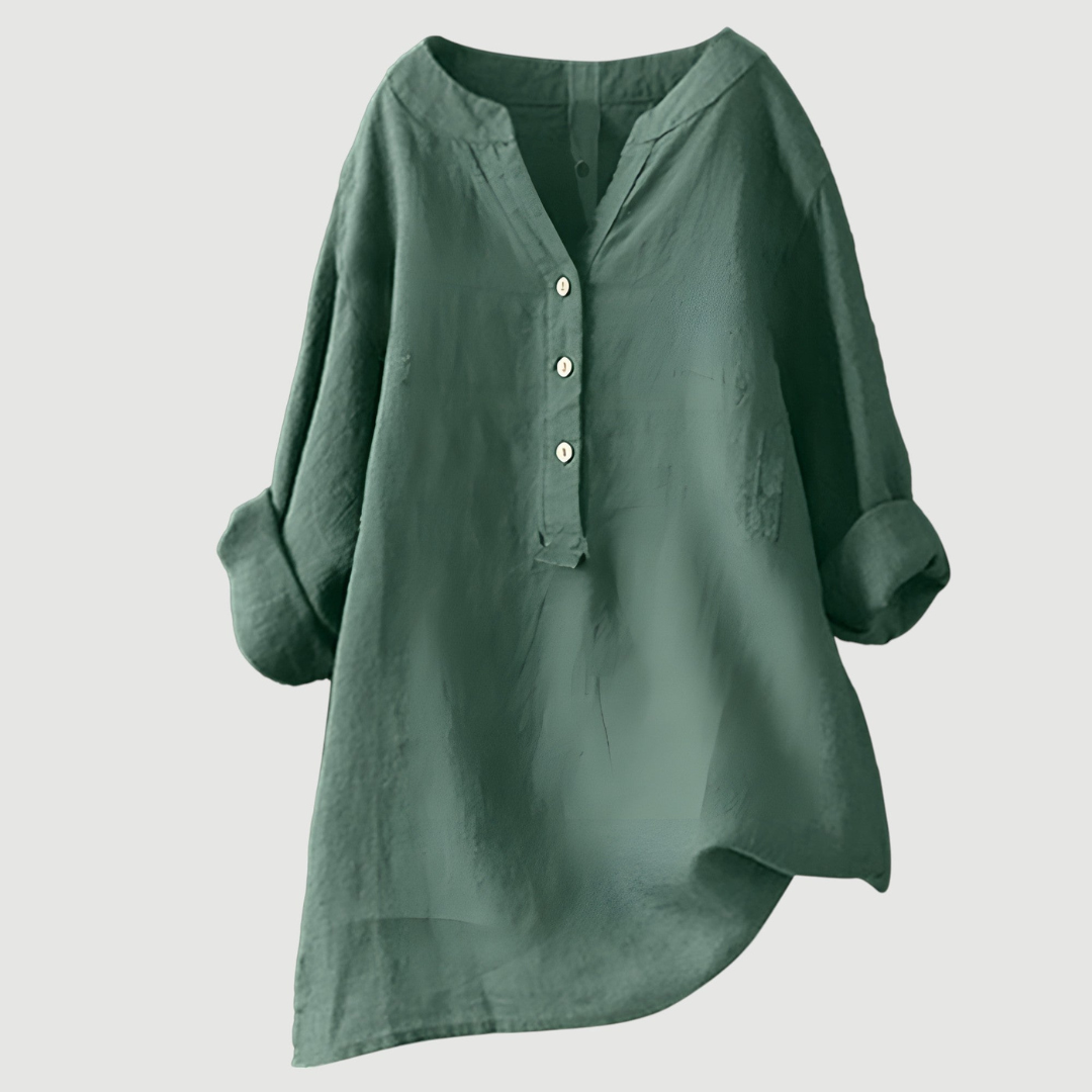 Sienna | Women Linen Shirt Oversized Split Neck Button Placket Long Sleeve