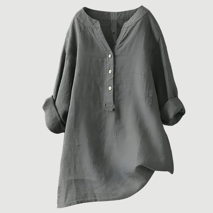 Sienna | Women Linen Shirt Oversized Split Neck Button Placket Long Sleeve