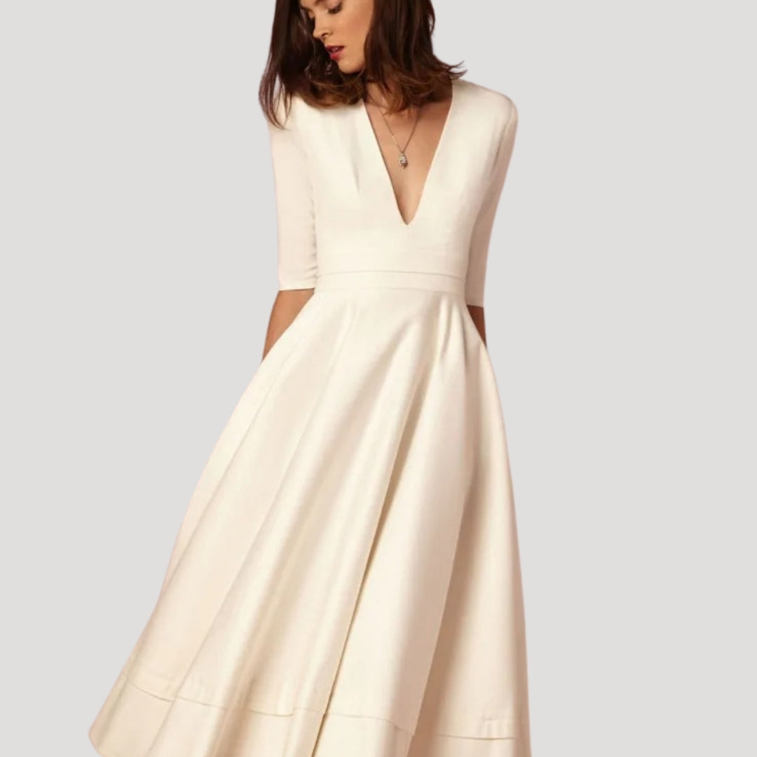 Sienna | Women Wedding Guest Midi Dress Deep V-Neck 3/4 Sleeves A-Line Skirt