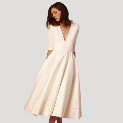 Sienna | Women Wedding Guest Midi Dress Deep V-Neck 3/4 Sleeves A-Line Skirt