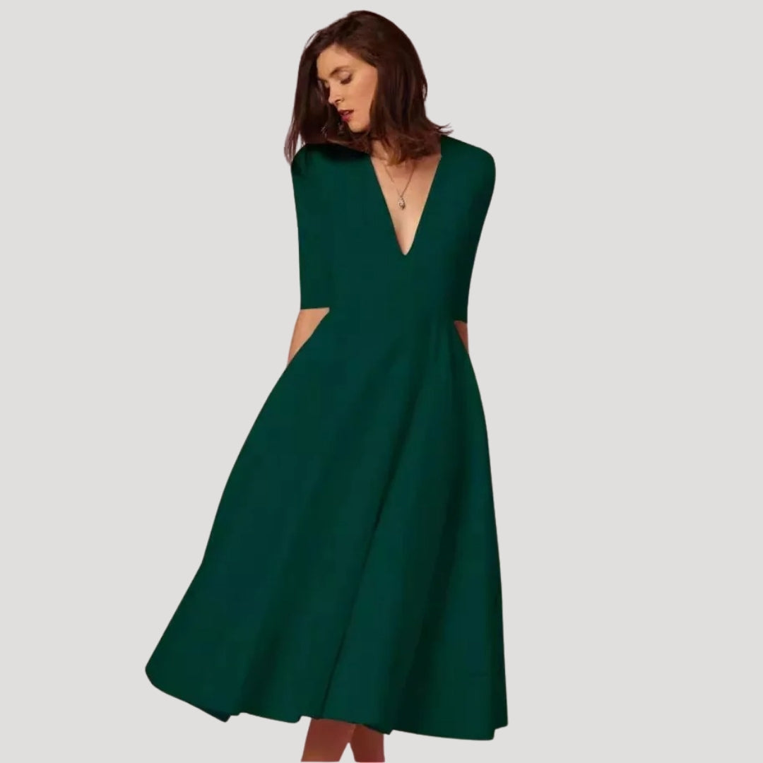 Sienna | Women Wedding Guest Midi Dress Deep V-Neck 3/4 Sleeves A-Line Skirt