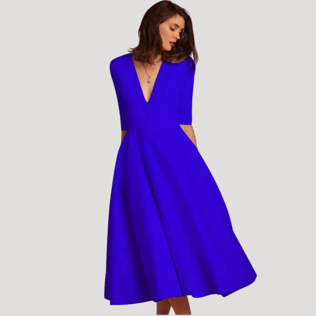 Sienna | Women Wedding Guest Midi Dress Deep V-Neck 3/4 Sleeves A-Line Skirt