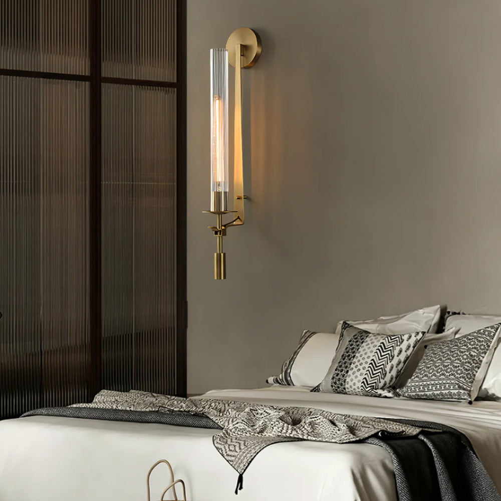 LuxRoyale French Brass Wall Lamp With Ribbed Glass Cylinder And Edison Bulb