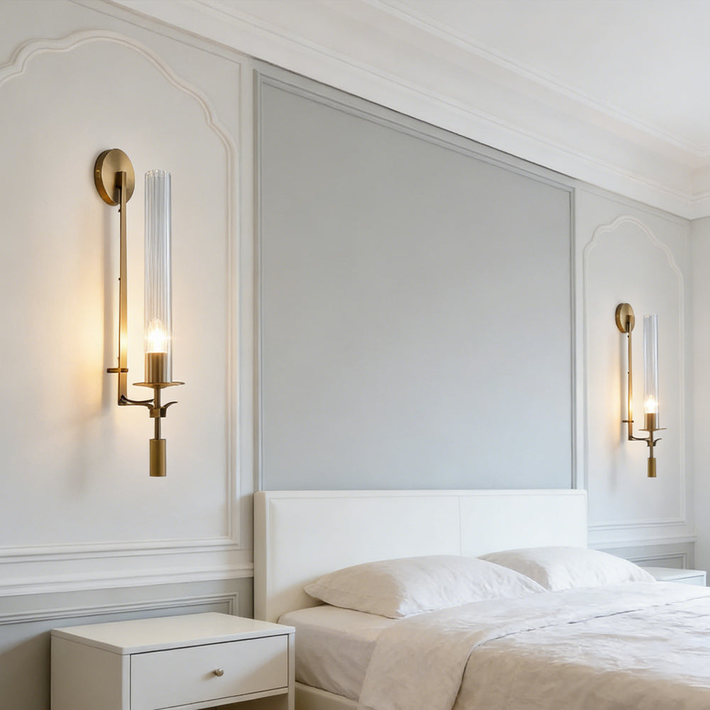 LuxRoyale French Brass Wall Lamp With Ribbed Glass Cylinder And Edison Bulb
