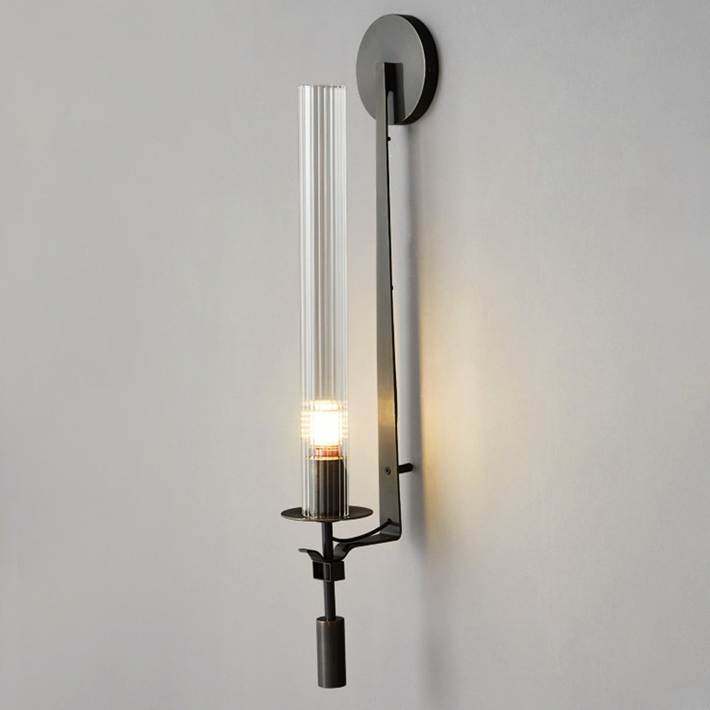 LuxRoyale French Brass Wall Lamp With Ribbed Glass Cylinder And Edison Bulb
