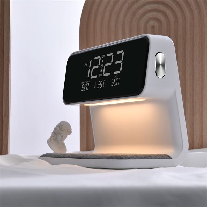 Nachttischlampe mit kabelloser Ladestation und Wecker Zorenza