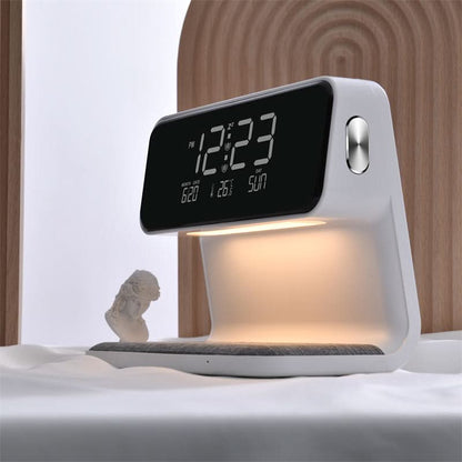 Nachttischlampe mit kabelloser Ladestation und Wecker Zorenza