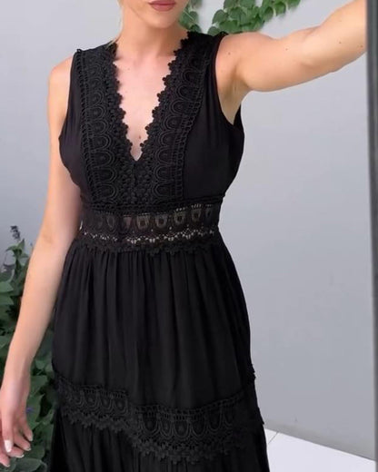 Robe midi femme dentelle col V sans manches fluide élégante été