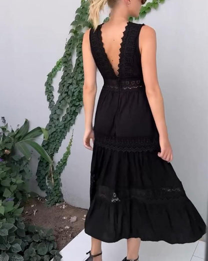 Robe midi femme dentelle col V sans manches fluide élégante été