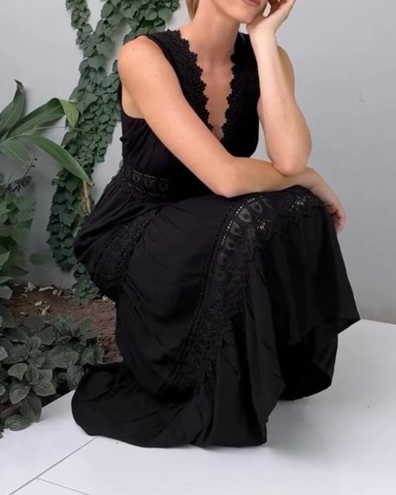Robe midi femme dentelle col V sans manches fluide élégante été
