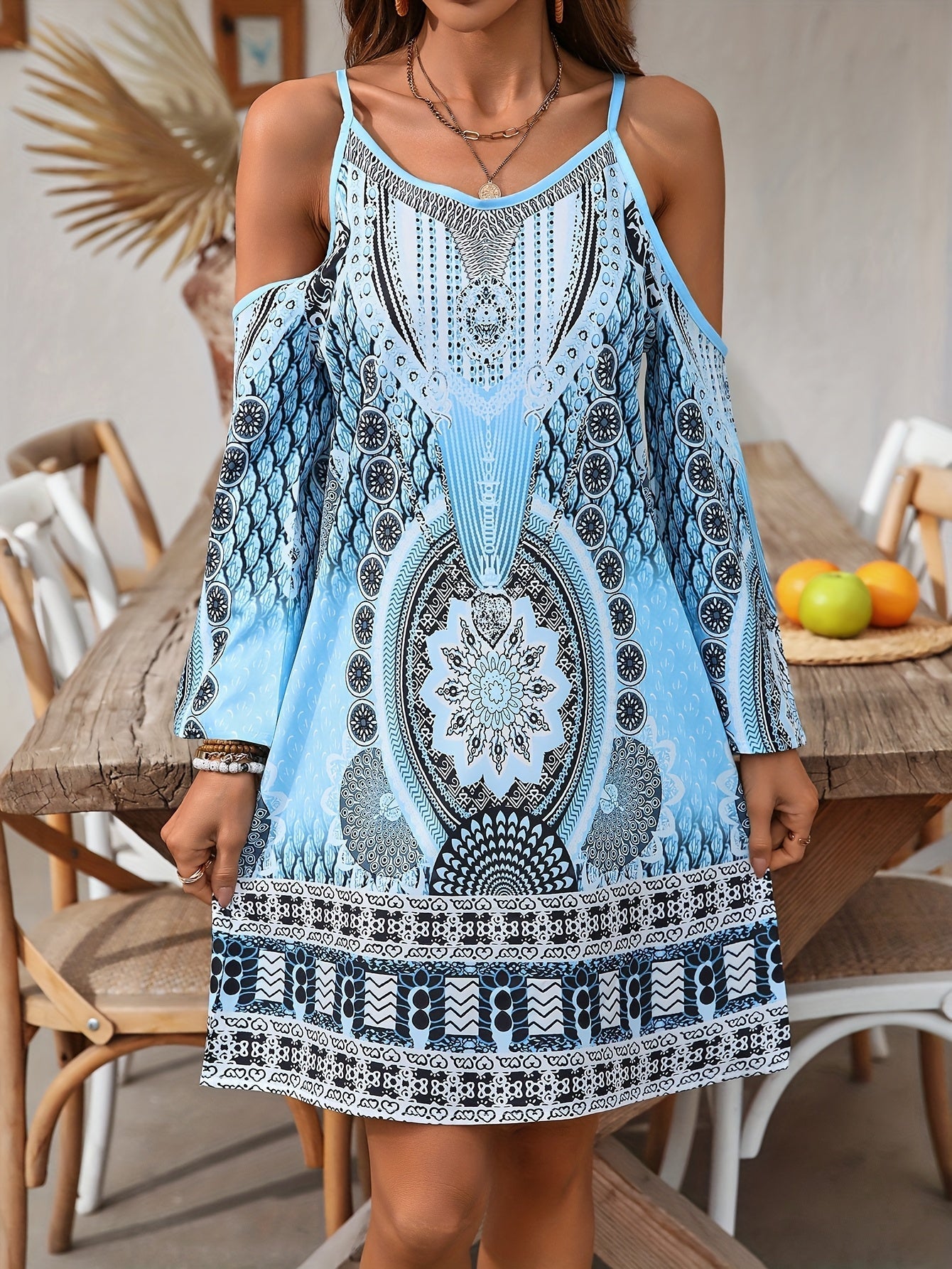 Soleandra Robe Femme – Robe Bohème Mi-Longue Sans Manche à Imprimé Vintage Chic Été