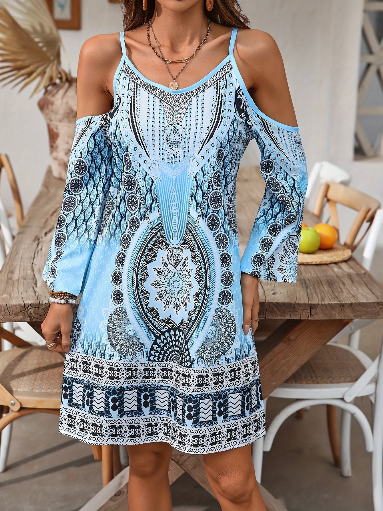 Soleandra Robe Femme – Robe Bohème Mi-Longue Sans Manche à Imprimé Vintage Chic Été