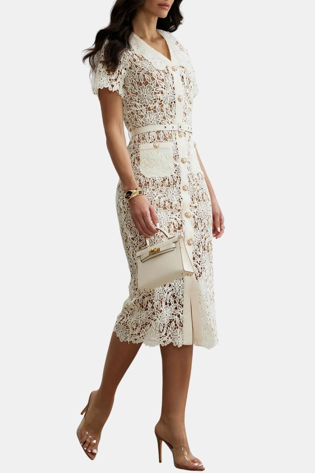 Soleil – Beige V-Neck Embroidered Lace Midi Dress with Button Detail