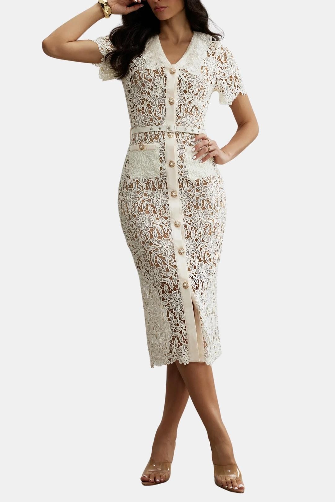 Soleil – Beige V-Neck Embroidered Lace Midi Dress with Button Detail
