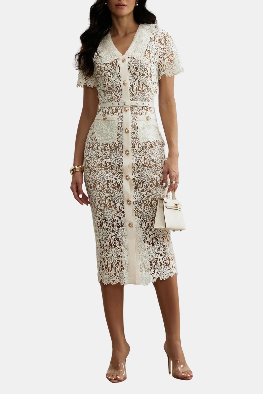 Soleil – Beige V-Neck Embroidered Lace Midi Dress with Button Detail