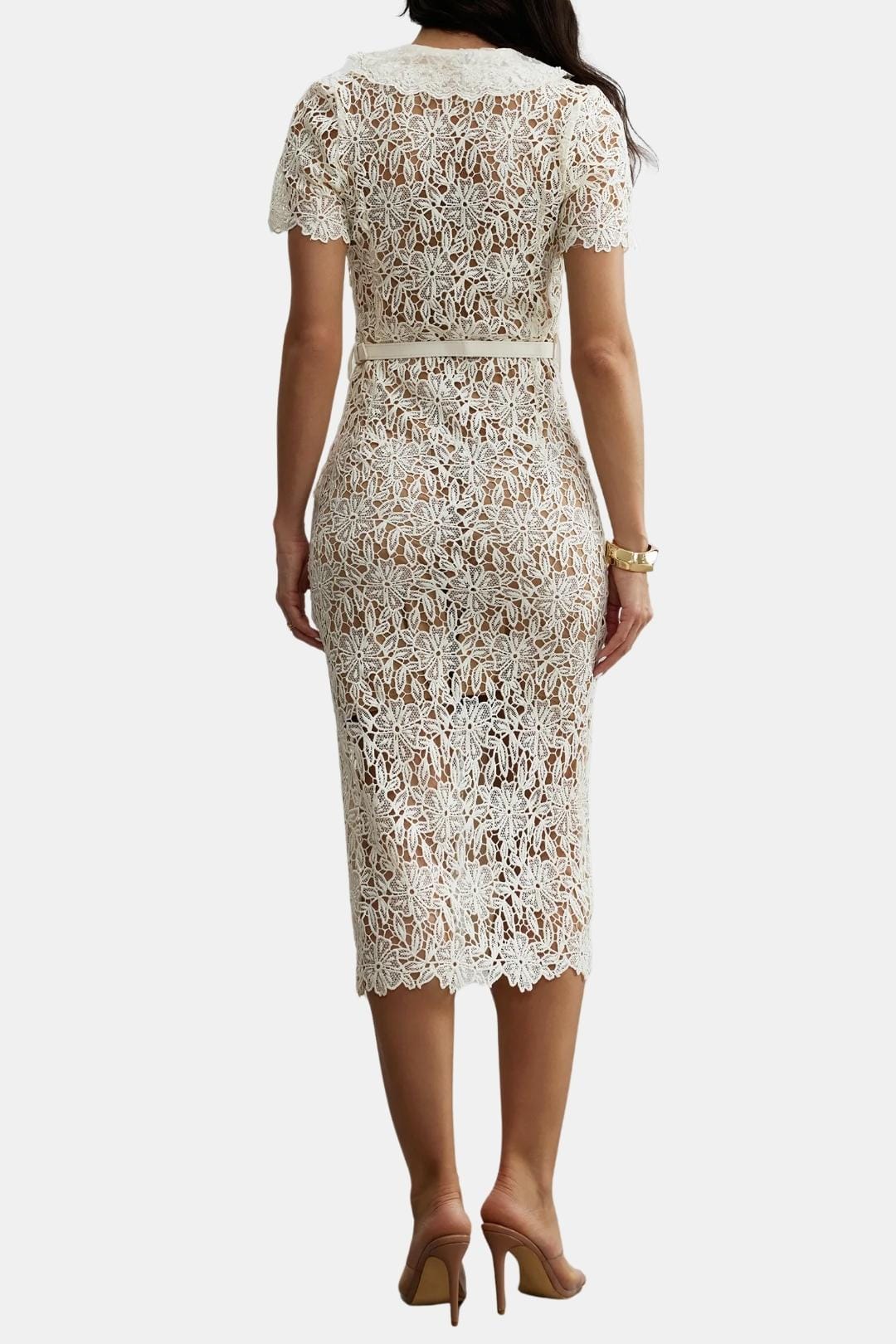 Soleil – Beige V-Neck Embroidered Lace Midi Dress with Button Detail