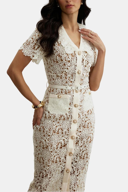 Soleil – Beige V-Neck Embroidered Lace Midi Dress with Button Detail