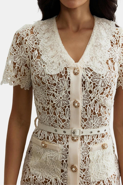 Soleil – Beige V-Neck Embroidered Lace Midi Dress with Button Detail