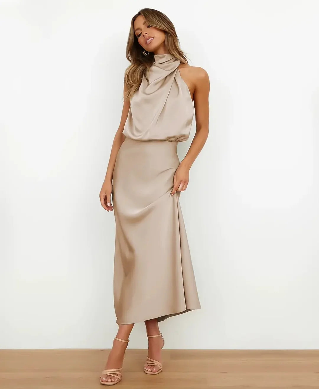 Women's Satin Halter-Style Formal Midi Dress
