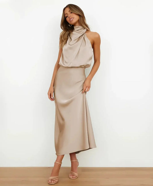 Women's Satin Halter-Style Formal Midi Dress