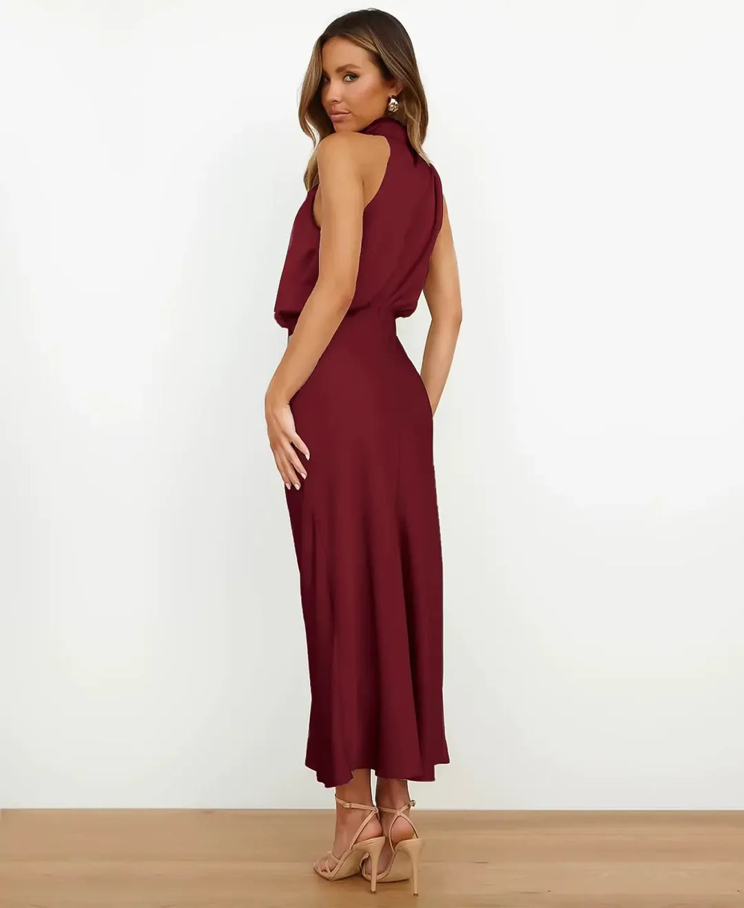 Women's Satin Halter-Style Formal Midi Dress