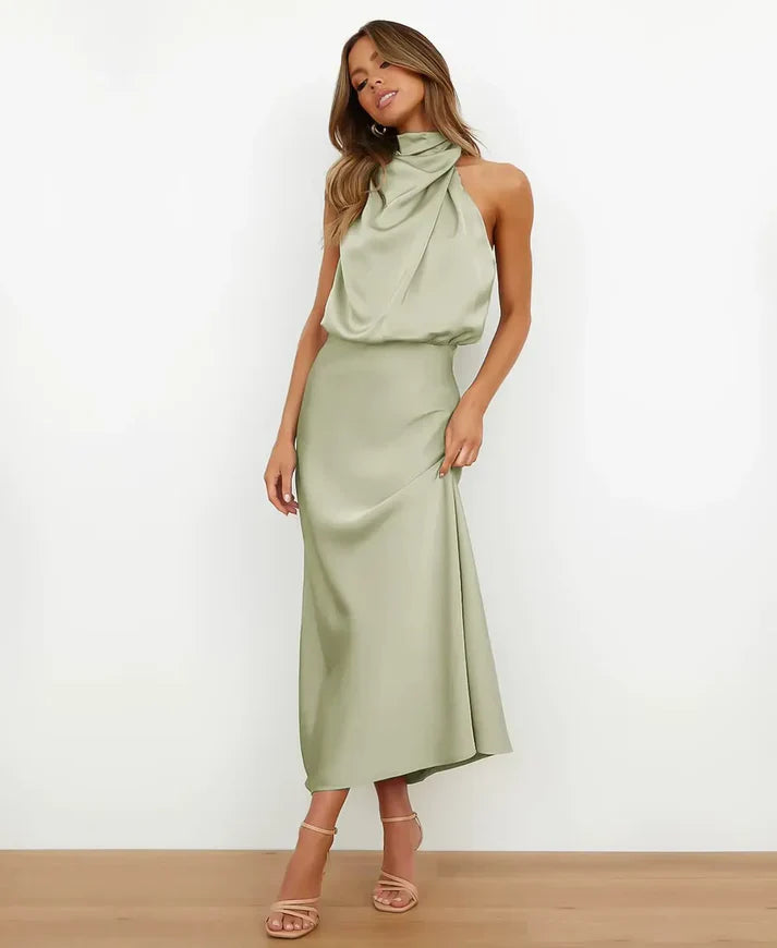 Women's Satin Halter-Style Formal Midi Dress