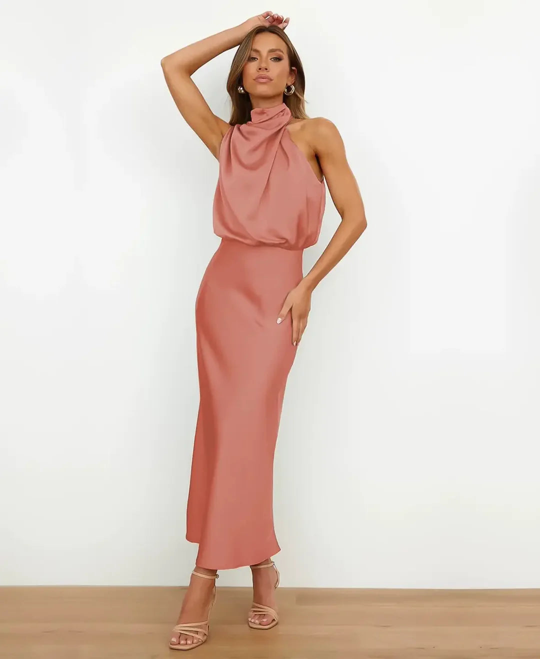Women's Satin Halter-Style Formal Midi Dress