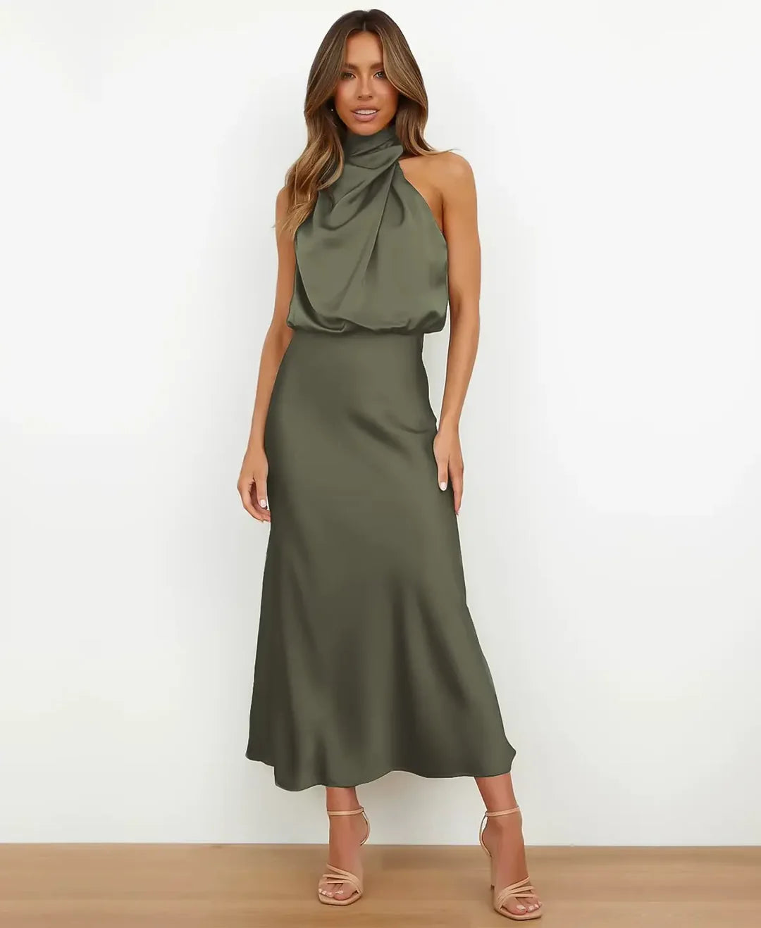 Women's Satin Halter-Style Formal Midi Dress