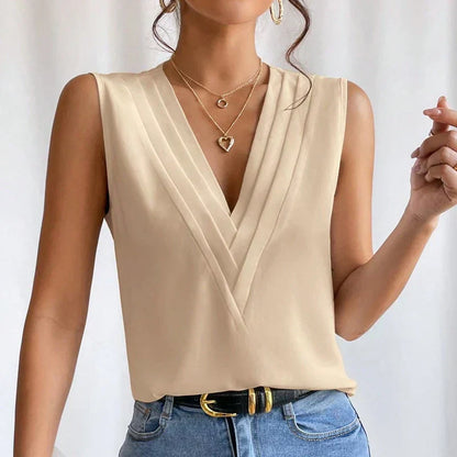 Women's Workwear V Neck Sleeveless Wrap Blouse Top