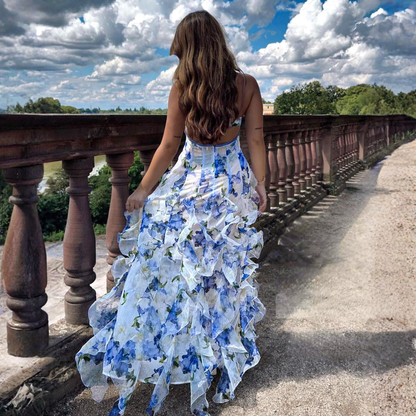 Sophia | Women Floral Maxi Dress Spaghetti Straps Sweetheart Neckline Ruffled Layers